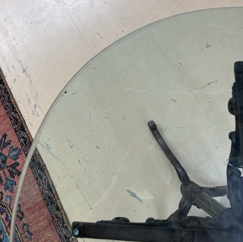 ANTIQUE FRENCH CAST IRON BISTRO/ PUB STYLE PEDESTAL TABLE W/ GLASS TOP