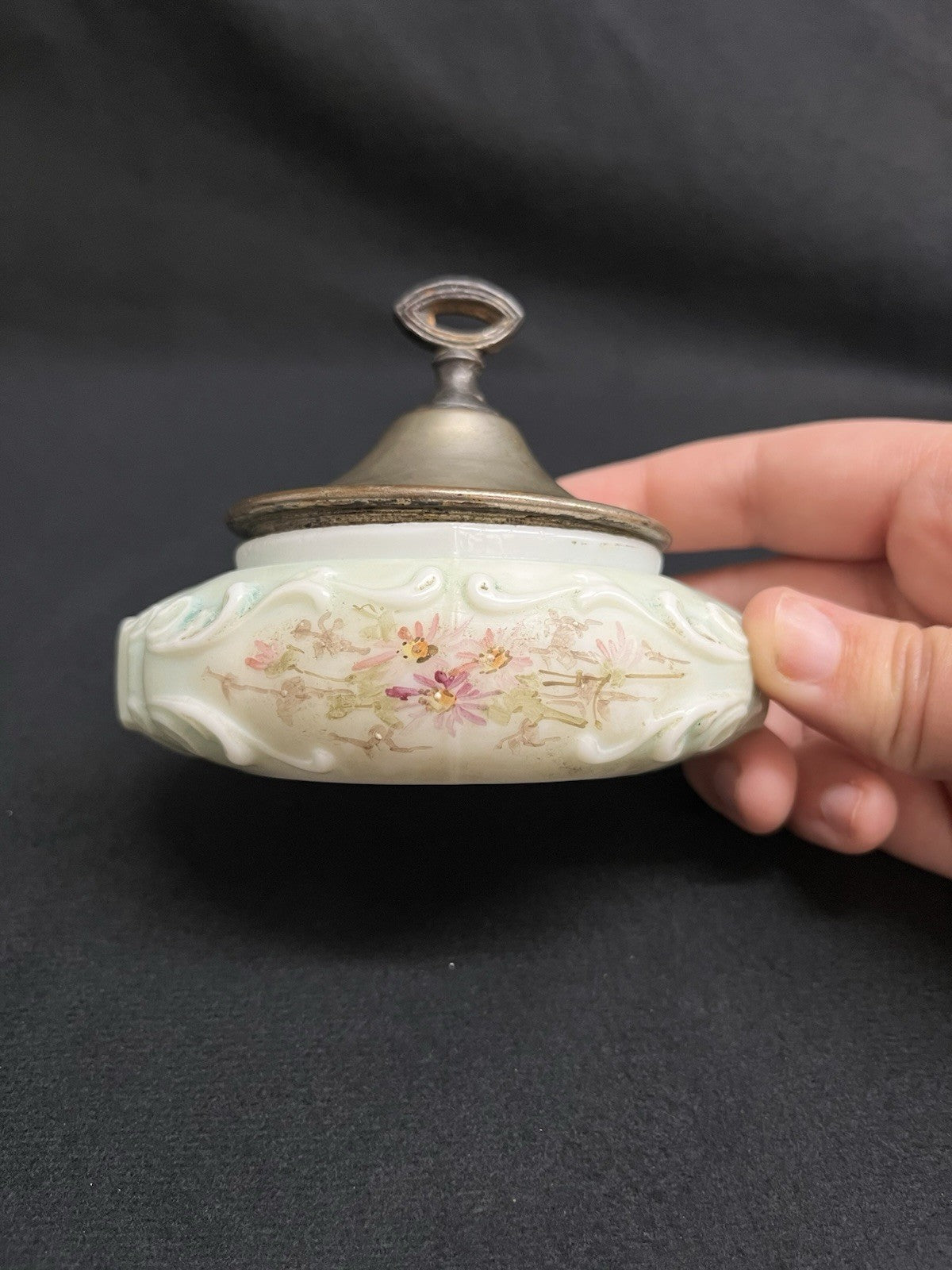 C.F. Monroe Co. Wave Crest Hand Painted Opal Glass Dresser Dish with Lid 4"