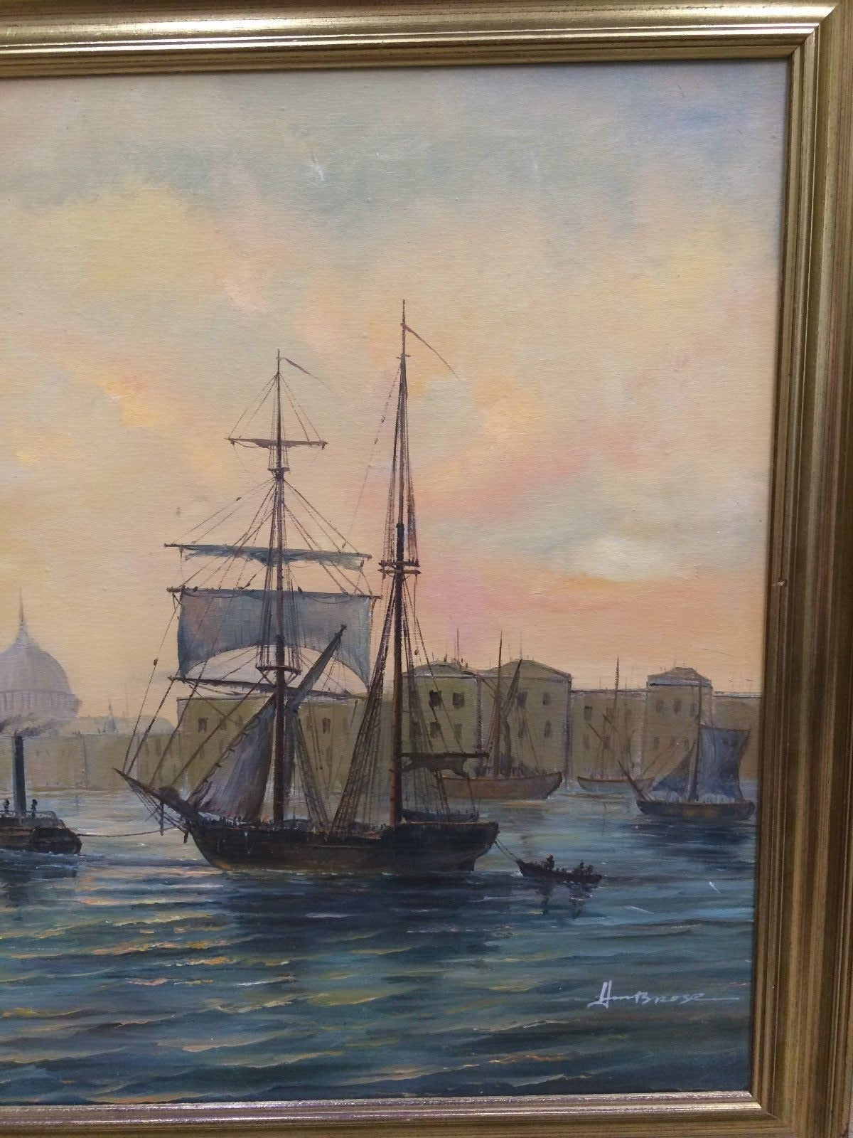 Vtg Oil Painting on Canvas Boats Ships in Harbor Signed Continental  W27" x  23"
