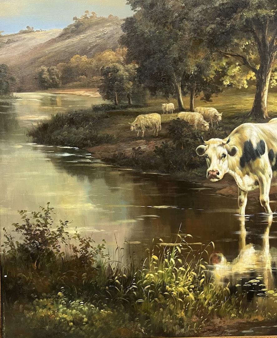 Large Agricultural Pastoral Cows Grazing Oil On Canvas Painting 58" x 70" CL6