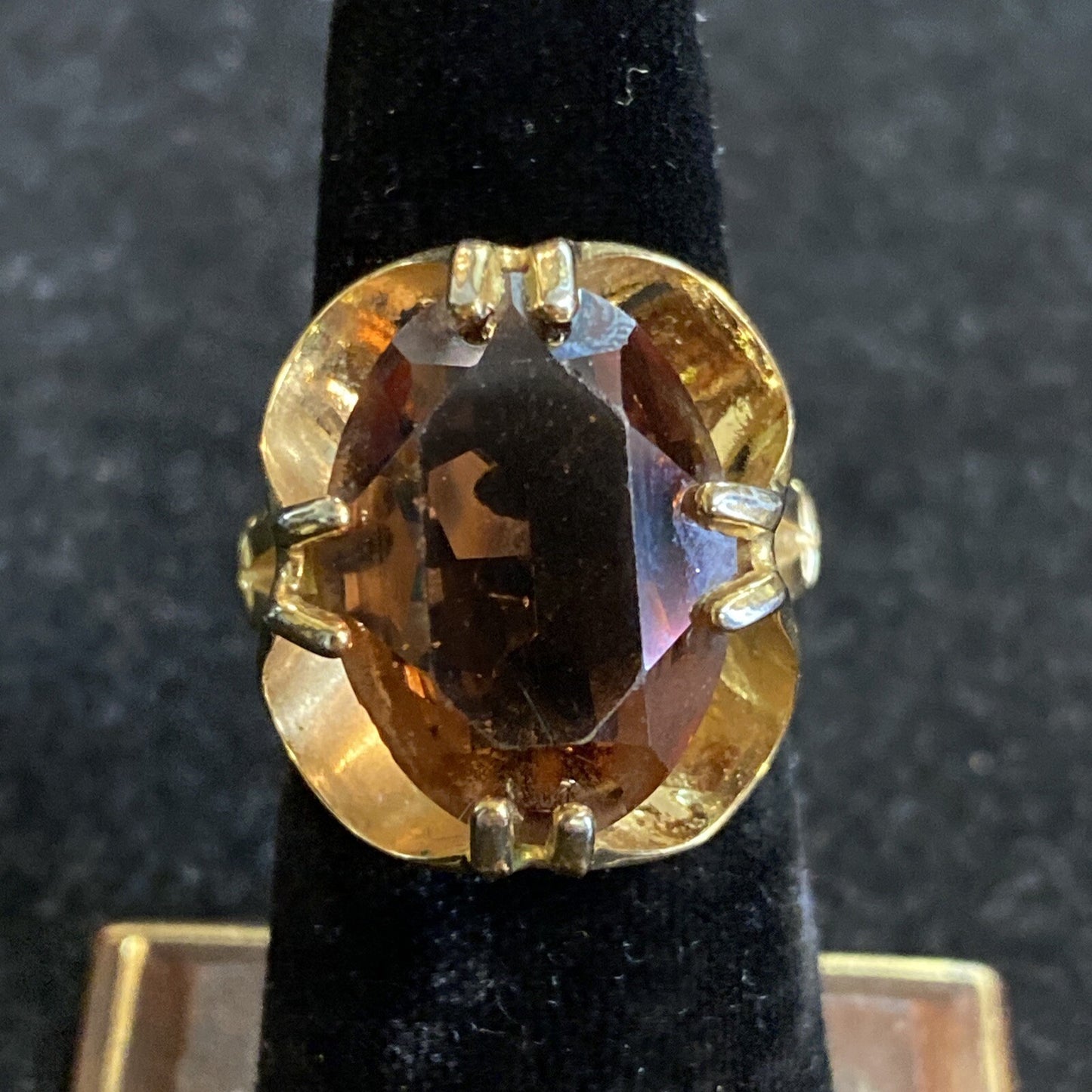 1960s Gold Plated Synthetic Dark Cognac Citrine Ring Sz 5.5 7g JM6