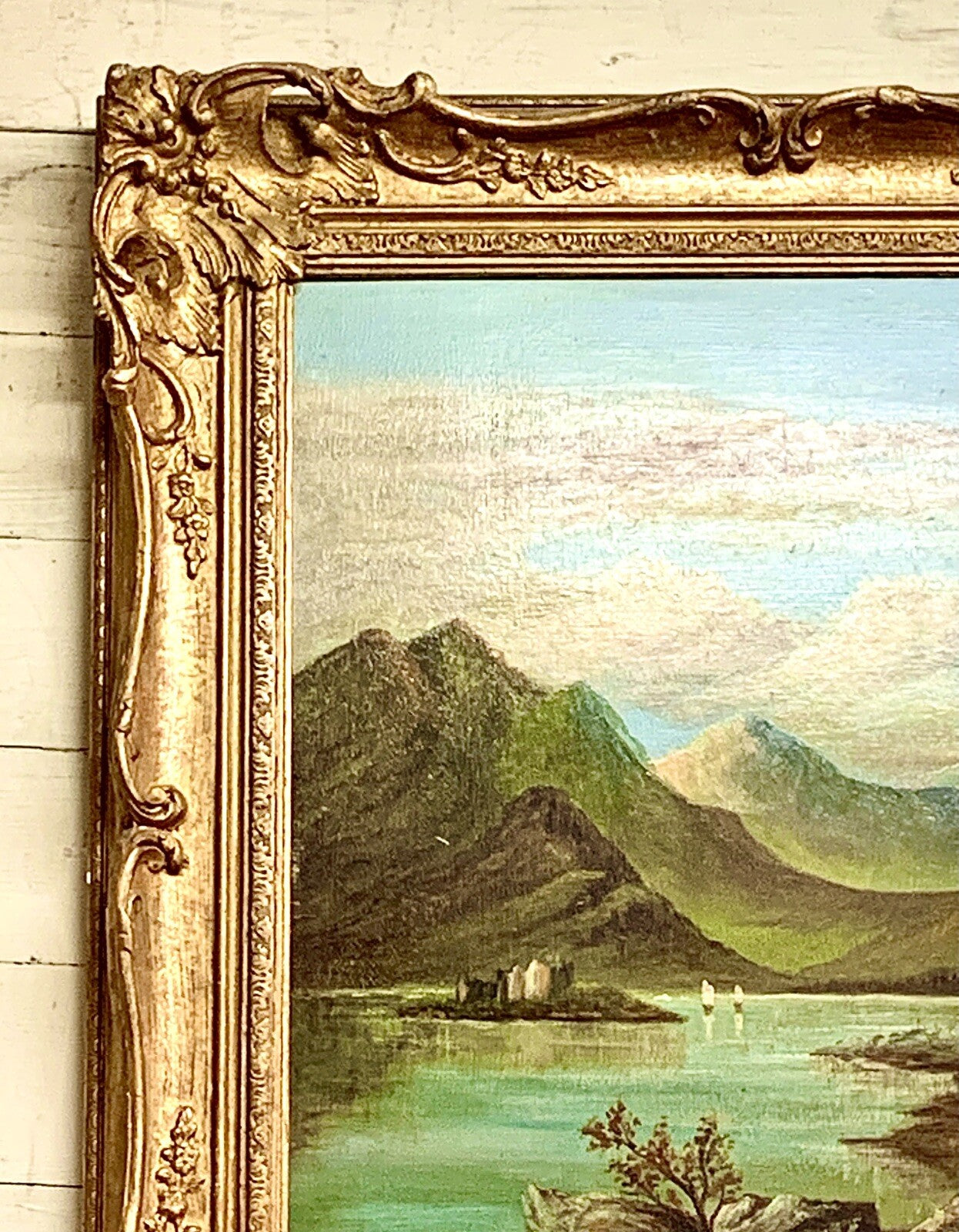 E. Thompson Oil Painting on Panel Signed 1894 Mountains & Lake Earl