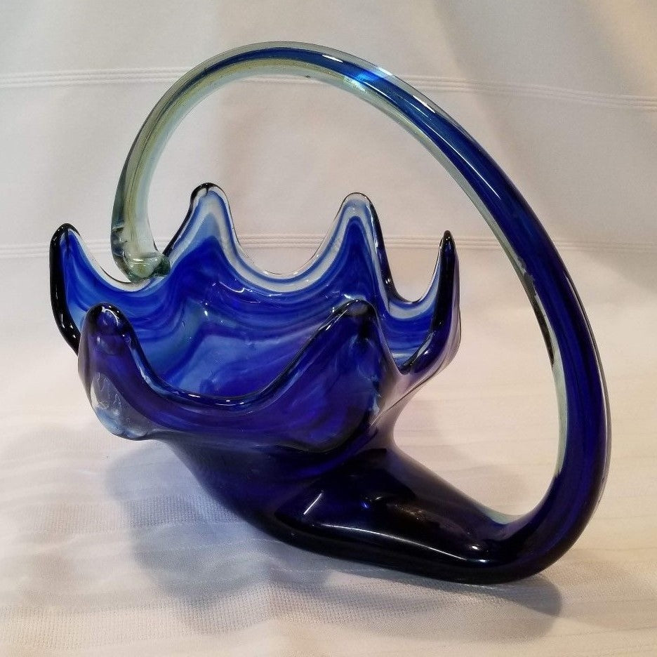 Vintage Hand Crafted Stretch Glass Centerpiece Bowl Cobalt Blue & Clear Glass