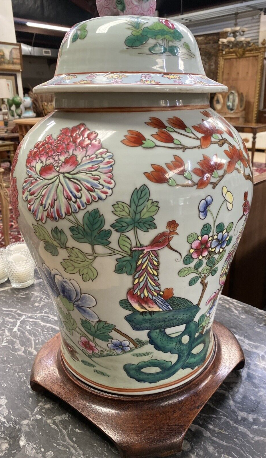 Covered Ginger Jar Famille Rose Qing Dynasty 19c Period Vase Foo Dog
