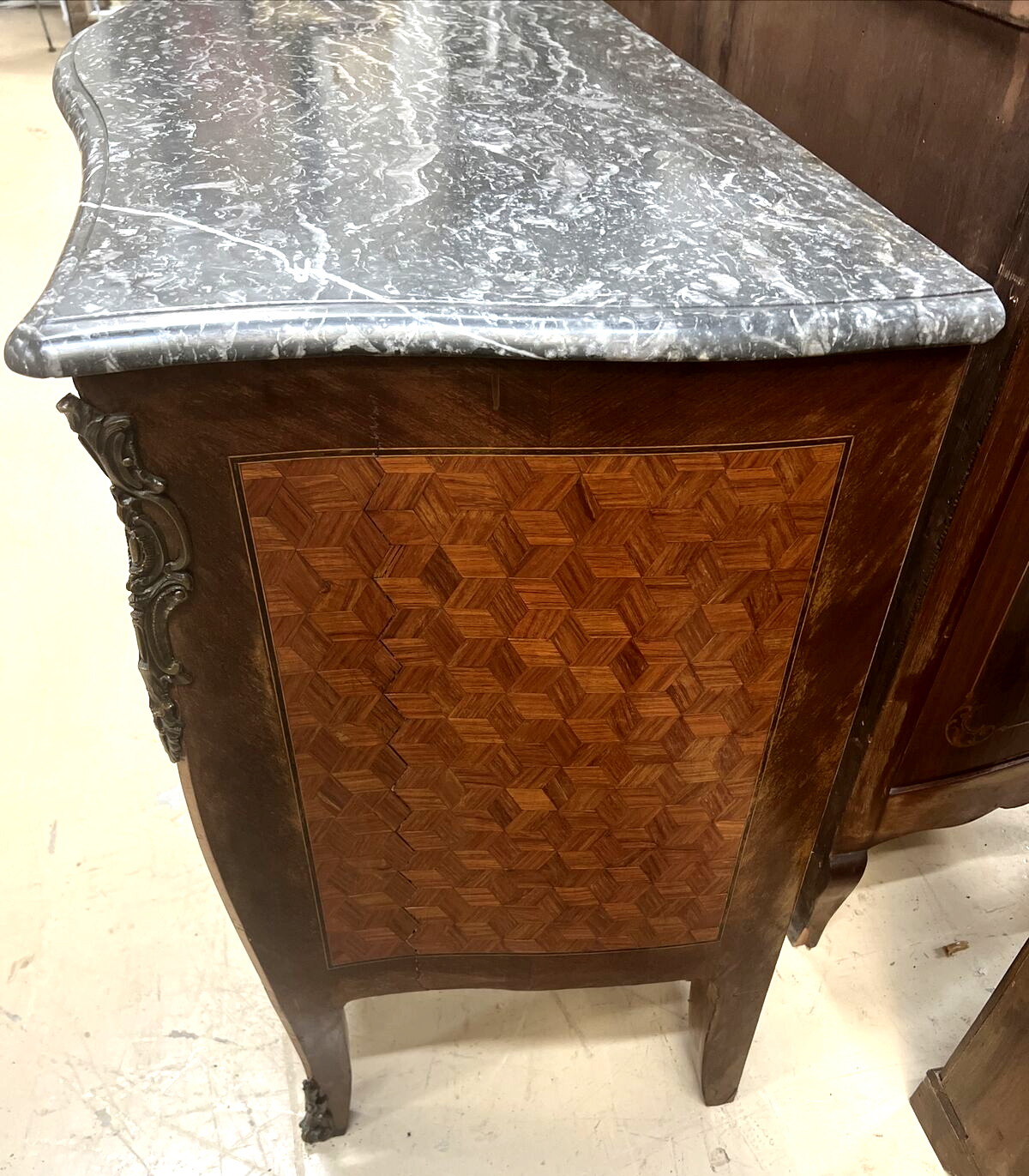 Antique French Louis XV Commode Chest of Drawers Marble Top Marquetry Pattern