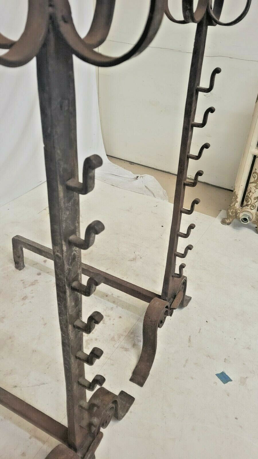 Pair Antique French Forged Iron Basket Top Cressset Andirons Fireplace Spit Dog