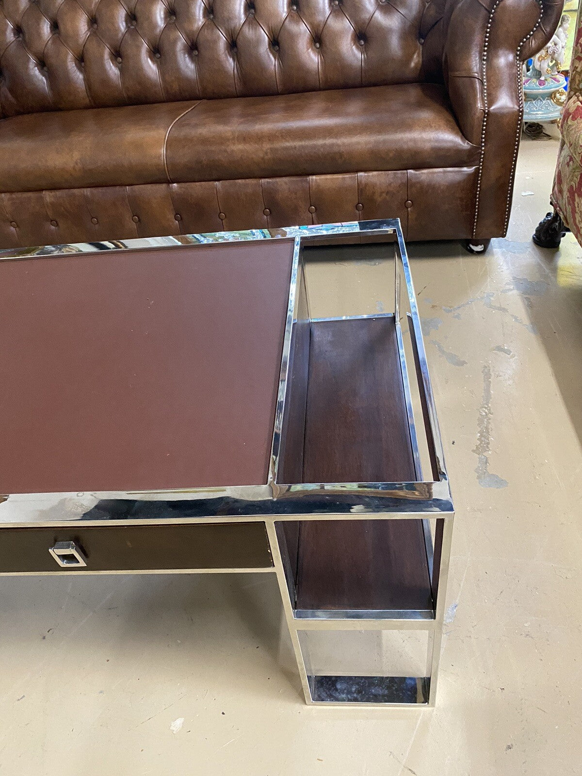 FRENCH MODERN CHROME & LEATHER COFFEE TABLE