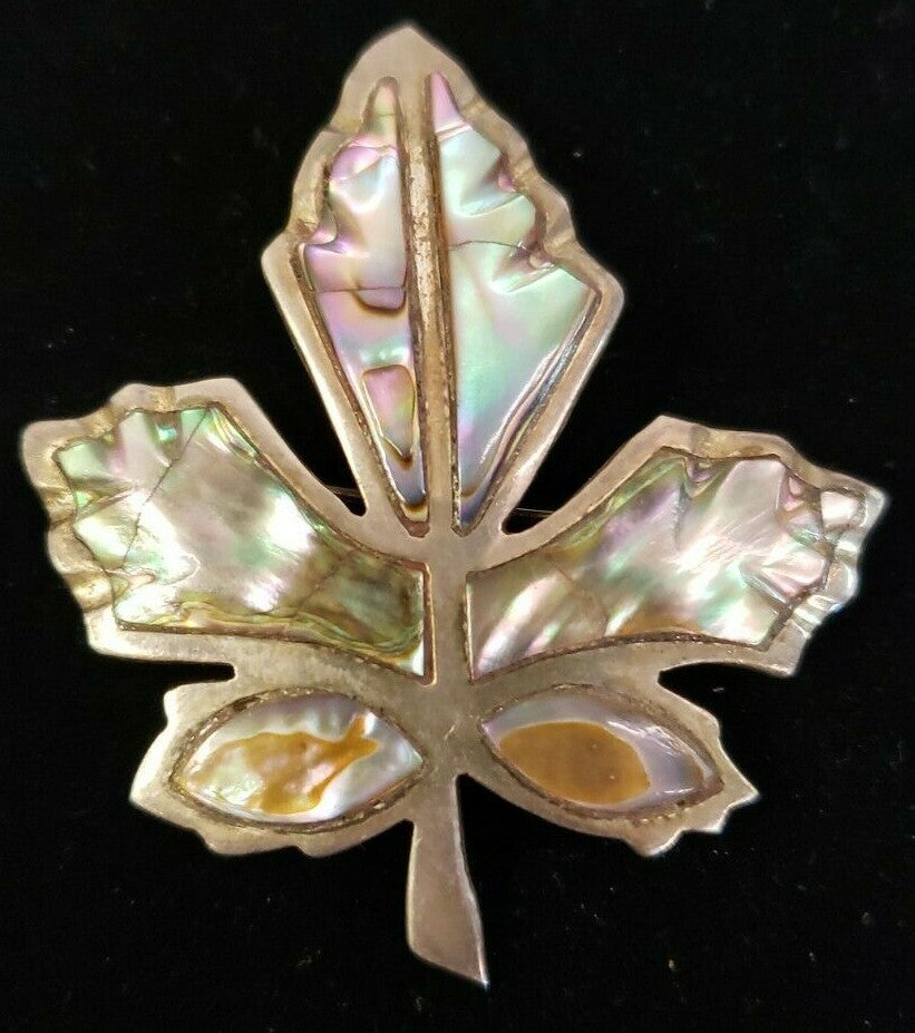 Vintage Signed Jose NS Taxco 925 Sterling Silver Abalone Maple Leaf Brooch