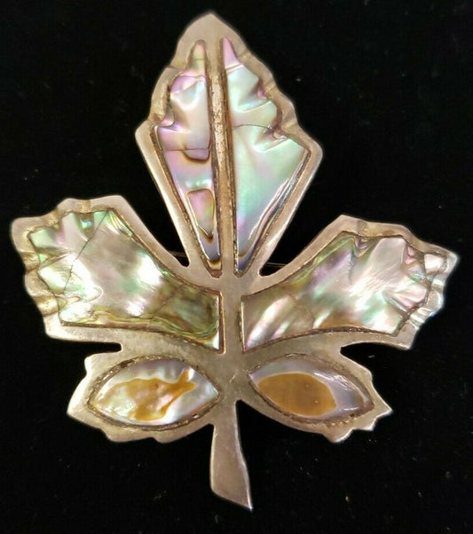 Vintage Signed Jose NS Taxco 925 Sterling Silver Abalone Maple Leaf Brooch