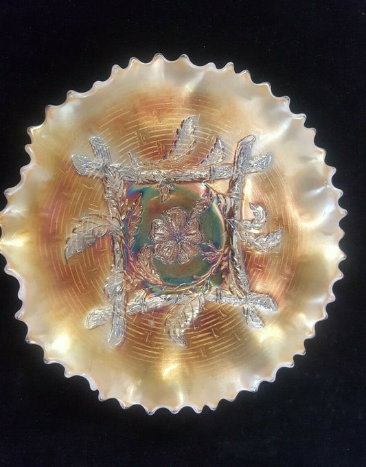 Antique Vintage Apple Blossom Twigs Marigold Carnival Glass Dugan Plate 1900s