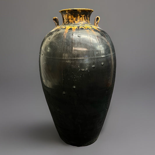 Midcentury Burmese Martaban Brown Drip Glaze Stoneware Vase 17"