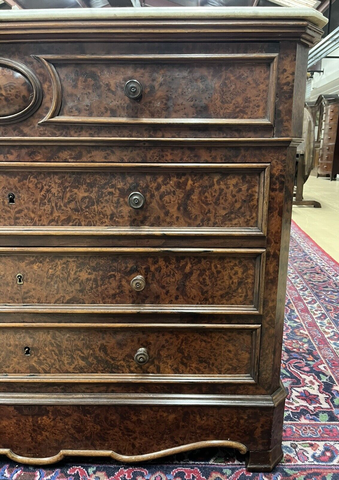 Antique French Louis Philippe White Marble Top Drop Front Secretary Chest Desk