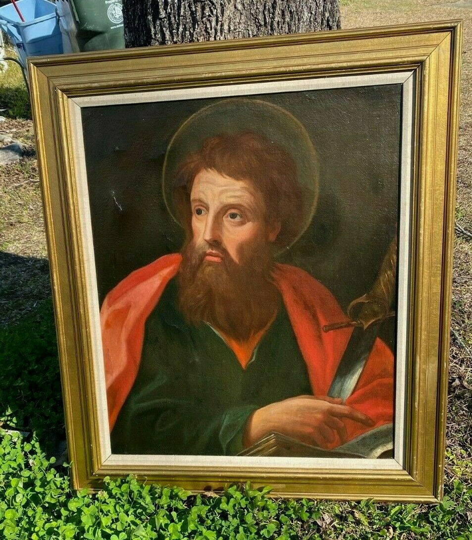 Portrait of Saint St. Paul 19th c. Old Master School Oil on Canvas Painting