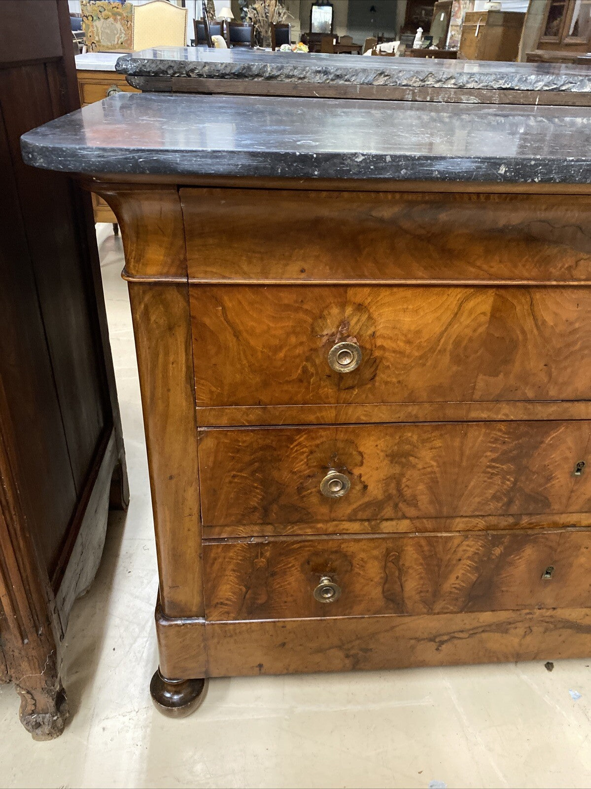 ANTIQUE FRENCH LOUIS PHILIPPE MARBLE-TOP FLAME BURLED MAHOGANY COMMODE CHEST