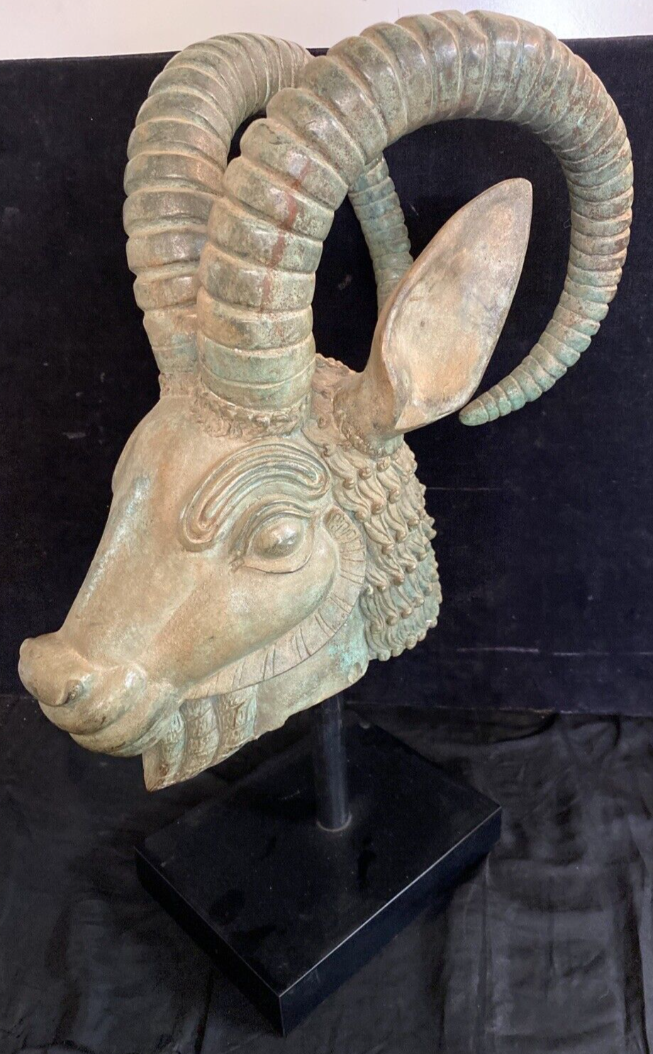 Persian Style Mounted Cast Bronze Ram's Head Sculpture