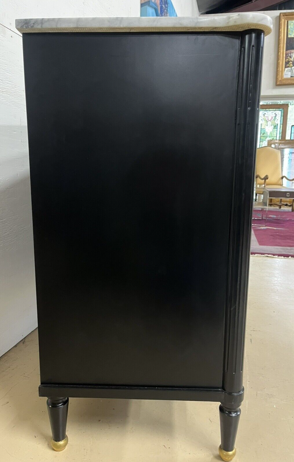 French Louis XVI Marble Top Black & Gold Cabinet Sideboard Cabinet Enfilade