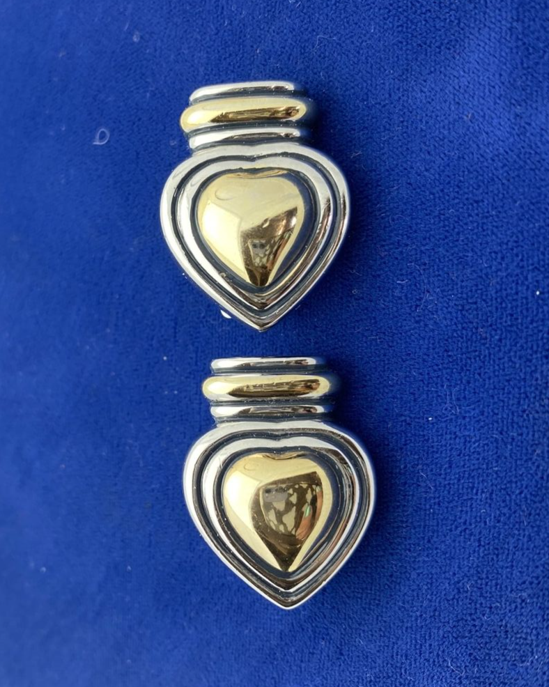 Designer Signed TJ M USA Silver and Gold Tone Heart  Clip On Earrings 1"