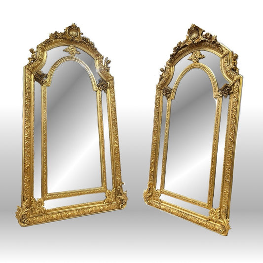 80.5" PAIR OF LARGE LOUIS XV GILT GOLD PARCLOSE CUSHION MIRRORS