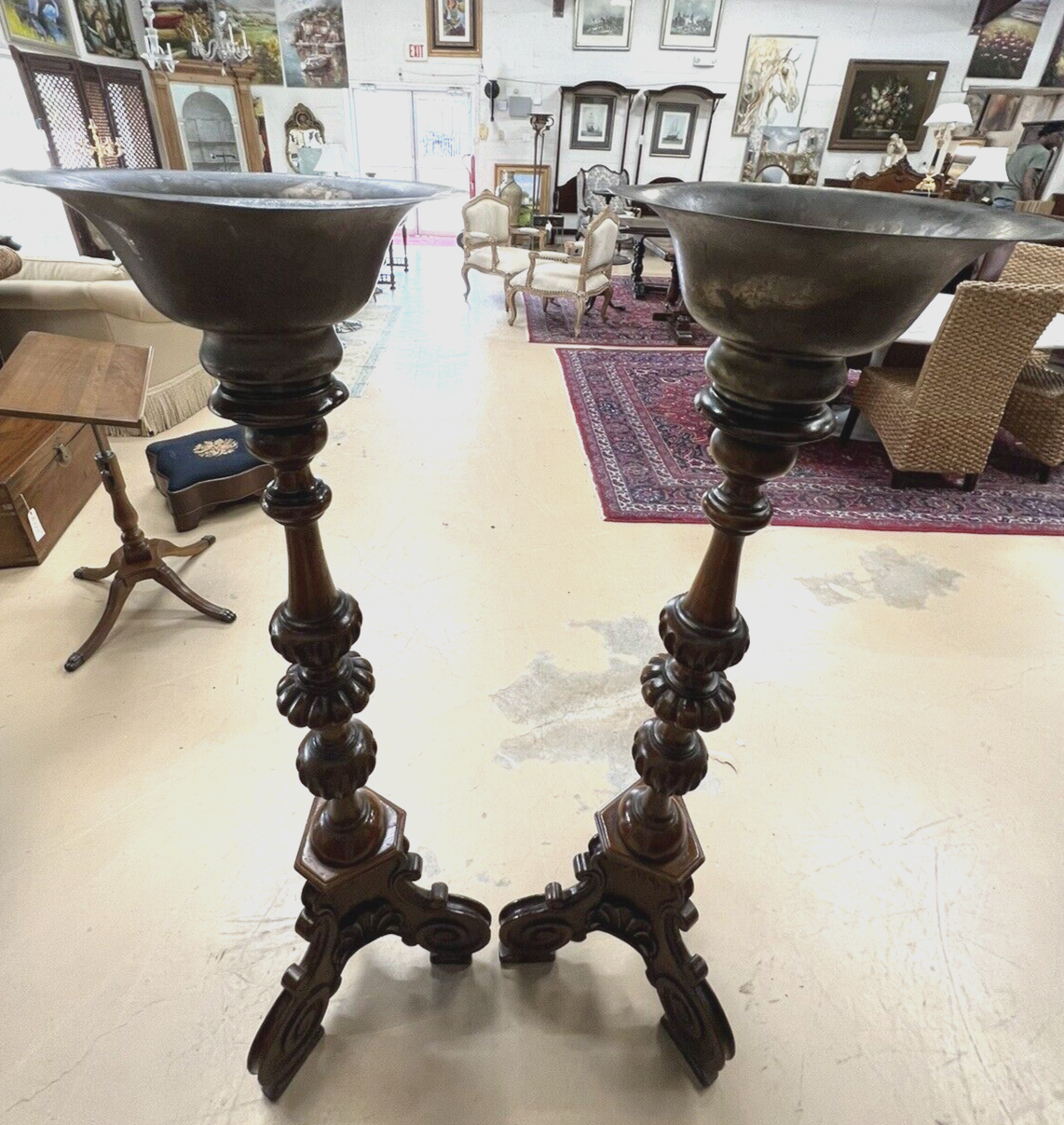 Pair of Antique French Oak Tall Pedestals brass planters jardinière entryway
