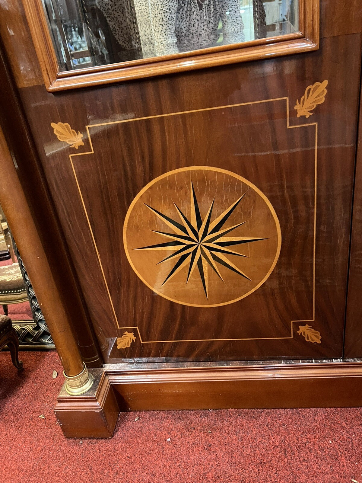 French Empire 2 Door Cabinet w Glass Shelves Inlaid Designs