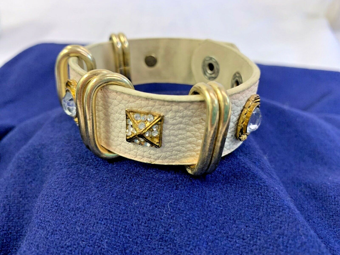 Yik Fung Genuine Leather Clear Rhinestone Studded Gold Tone Snap Bracelet