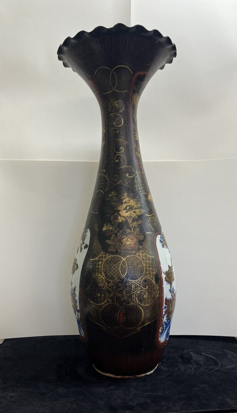 41" IMPRESSIVE MEIJI JAPANESE LACQUER COATED PORCELAIN PALACE VASE  FS1