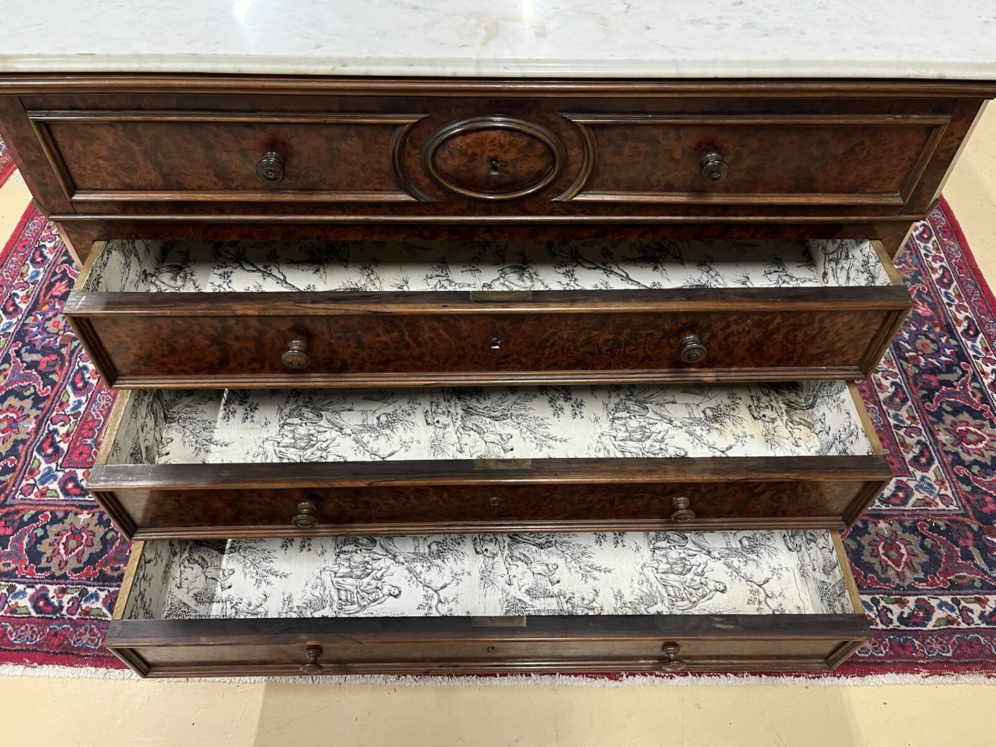 Antique French Louis Philippe White Marble Top Drop Front Secretary Chest Desk