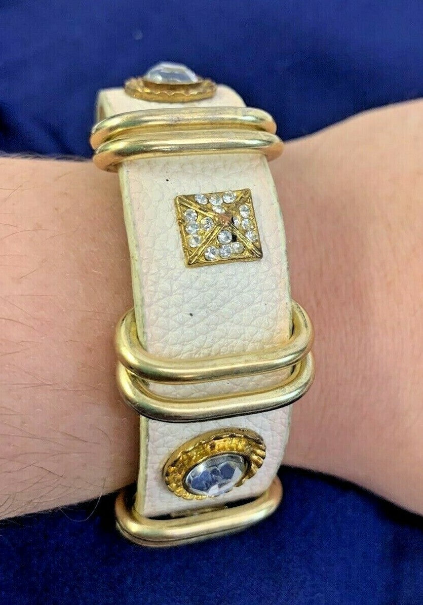 Yik Fung Genuine Leather Clear Rhinestone Studded Gold Tone Snap Bracelet