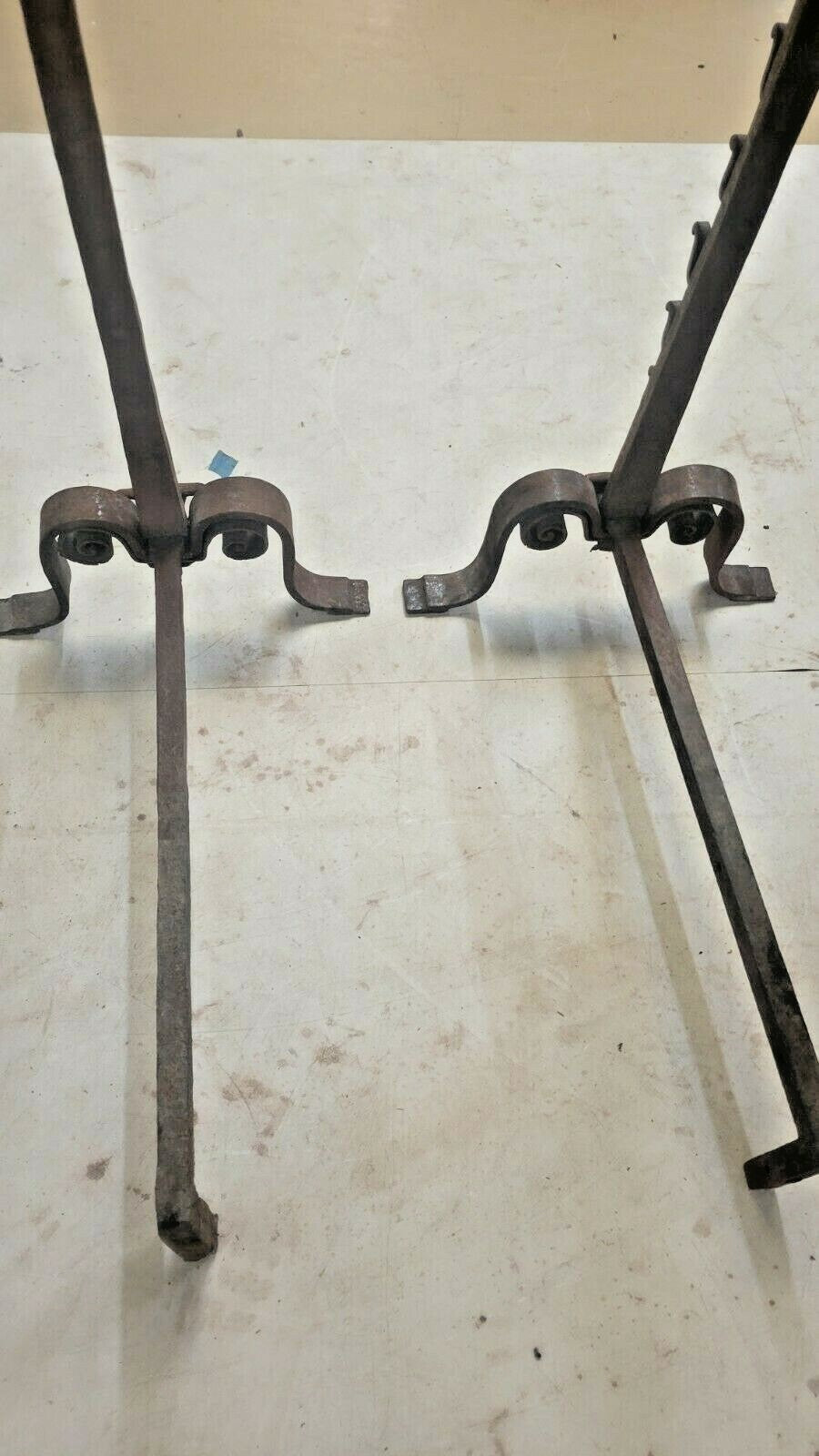 Pair Antique French Forged Iron Basket Top Cressset Andirons Fireplace Spit Dog