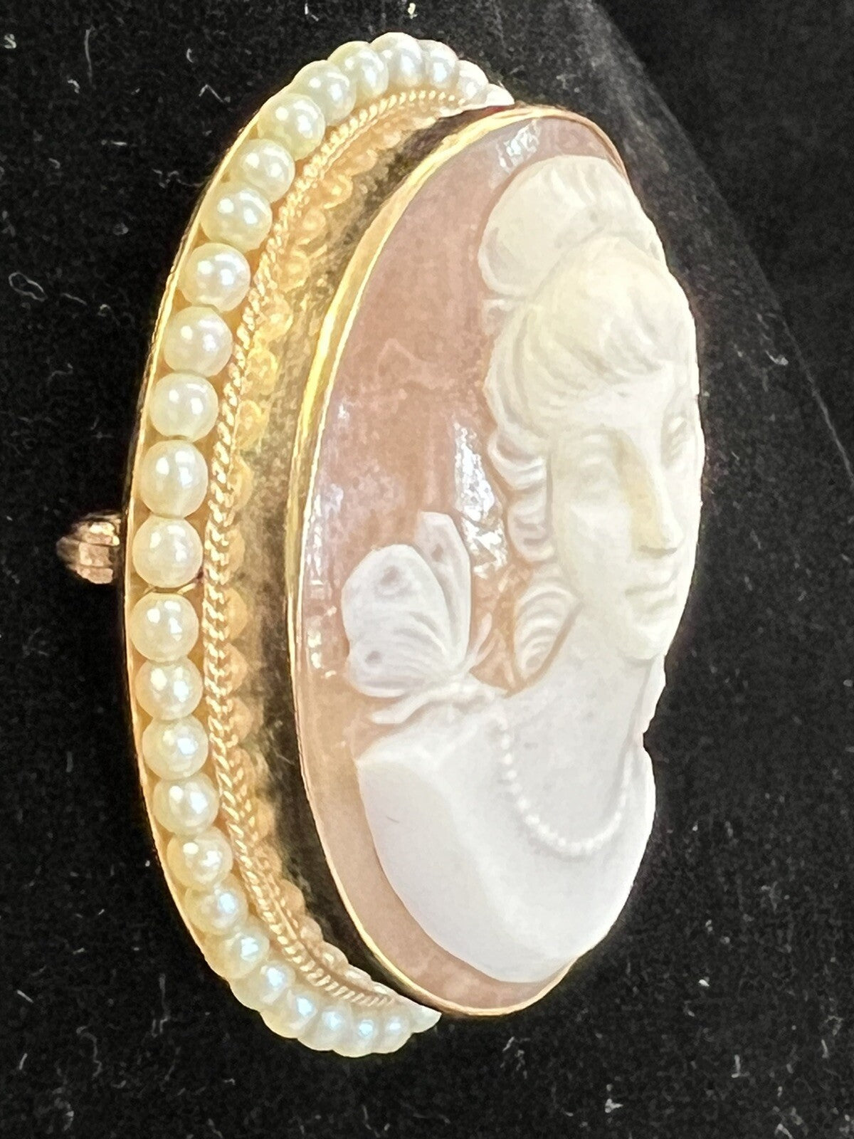 Victorian Shell Cameo Pendant Brooch 14K seed Pearls Full Face 1800's