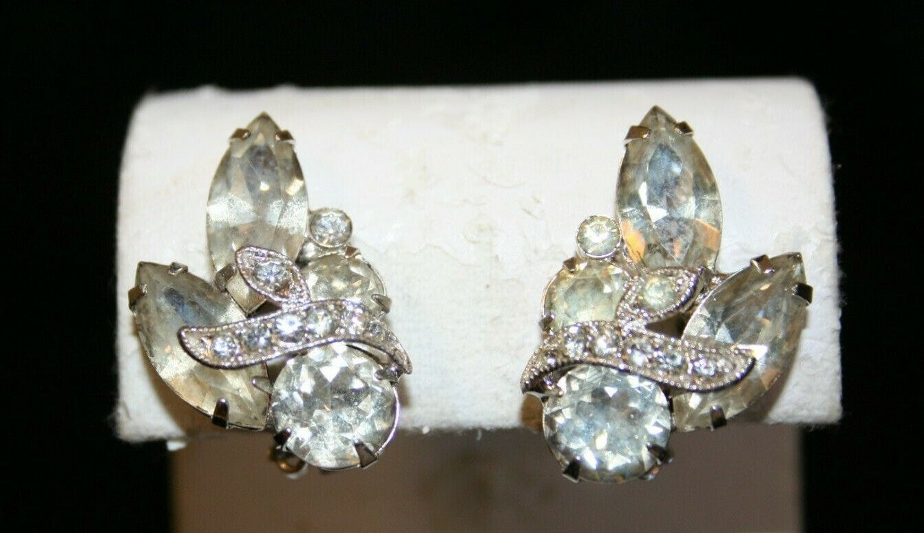 Vintage Eisenberg Ice Signed Silver Tone Clear Rhinestone Clip On Earrings