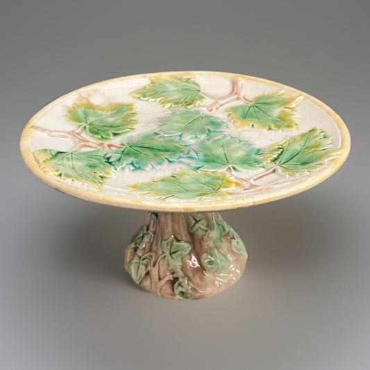 1800s Griffen Smith & Hill Etruscan Majolica Maple Leaf Pedestal Plate 9.5"