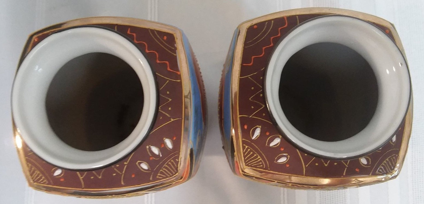 Pair Japanese Moriage Vases Man & Woman Colorful Dragonware  H6" Immortals