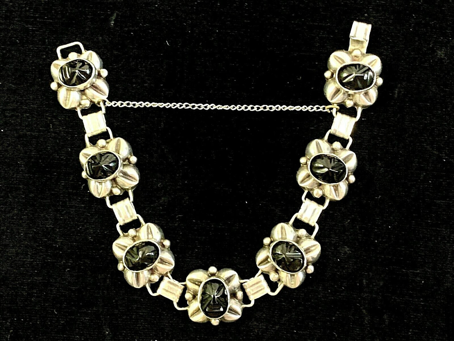 Vtg Taxco Signed Sterling Silver & Onyx 7 Link Bracelet  7 1/2" w Safety Chain
