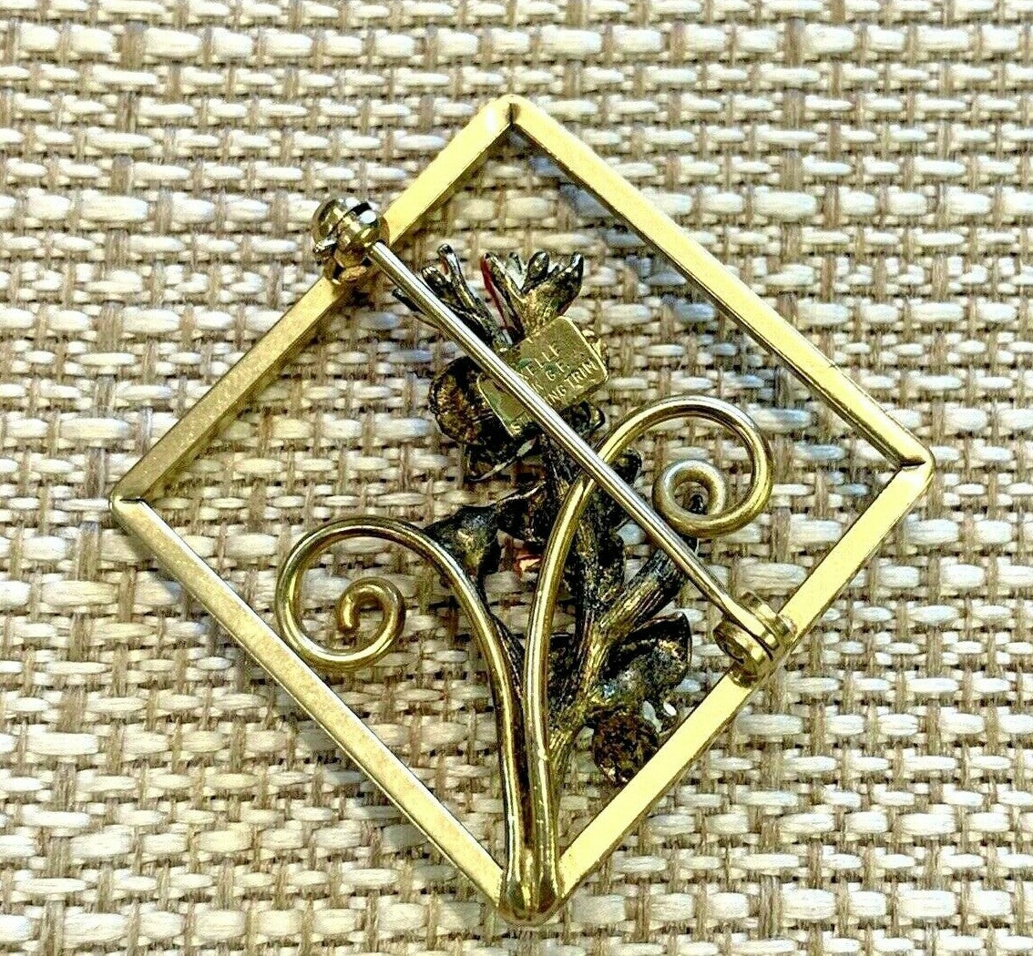 Vintage Dixelle Dainty 12k GF Sterling Trim  Sq Brooch Pin Pearl Enamel Flowers