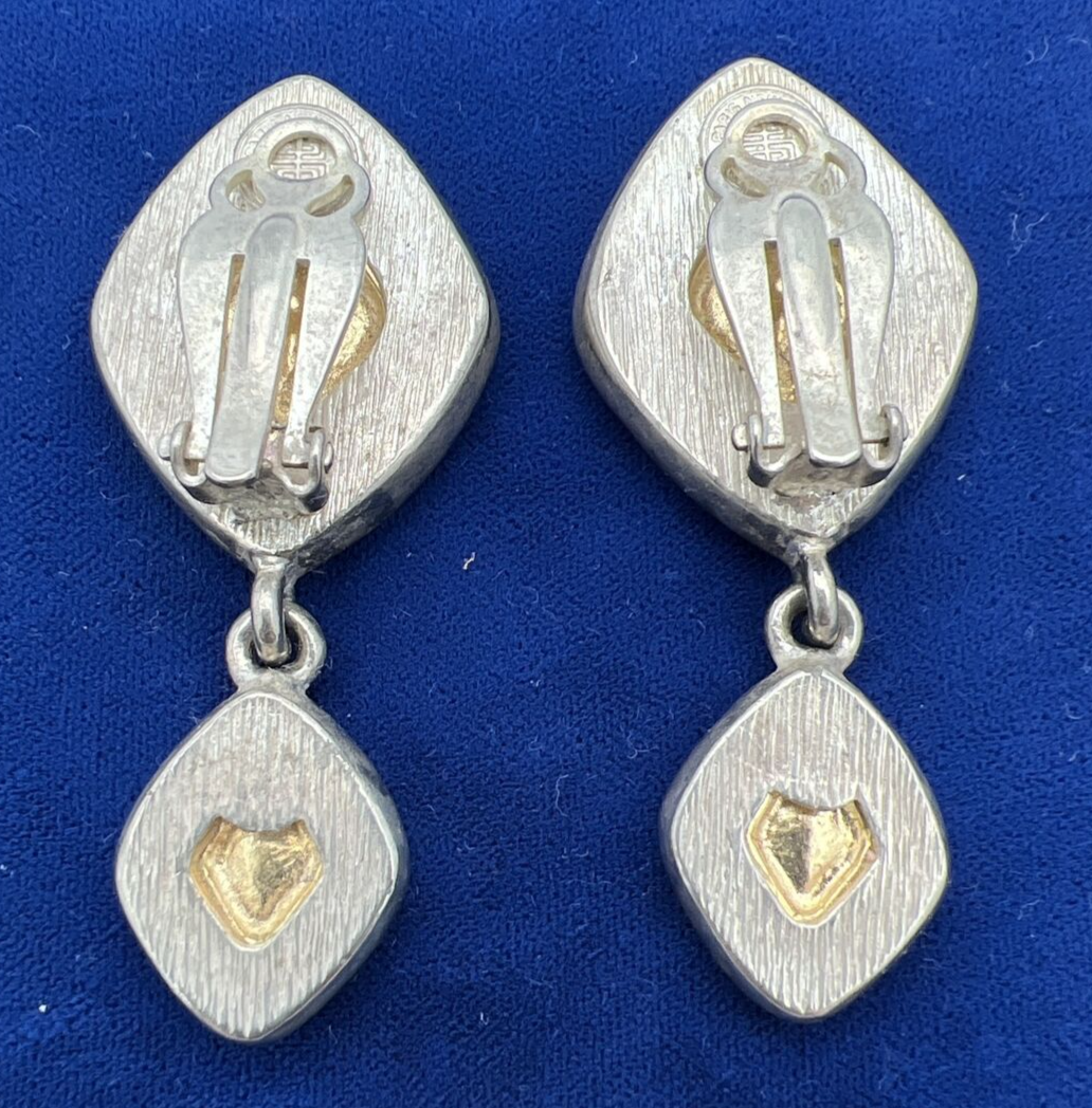 100% Authentic Givenchy Signed Vintage Earrings Clip Dangle Silver & Gold Toned