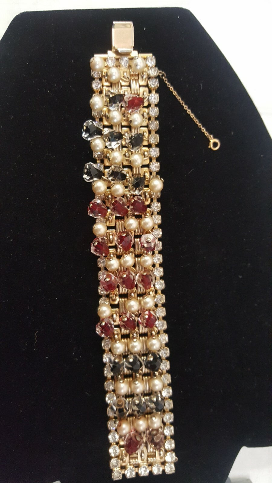 HOBE Ruby Onyx Pearl Diamanté & Gold Dangling Bracelet 1950's Hollywood Bling