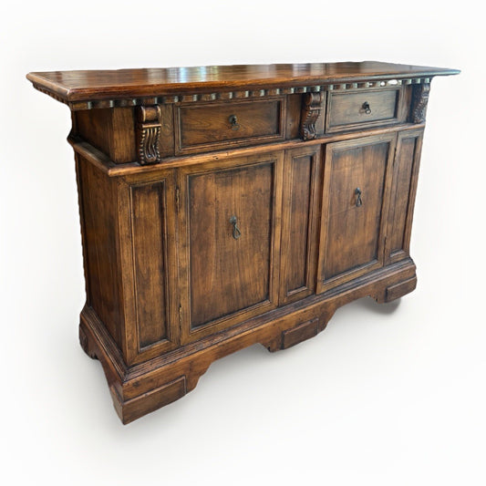 RUSTIC ITALIAN RENAISSANCE STYLE CARVED WALNUT TWO-DOOR CHEST SIDEBOARD CREDENZA