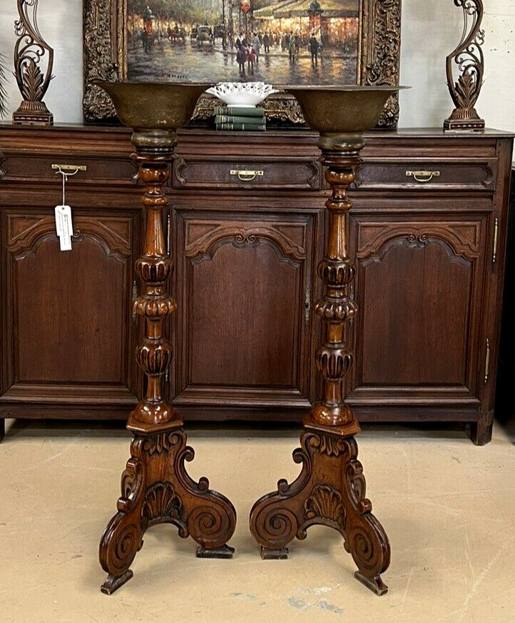 Pair of Antique French Oak Tall Pedestals brass planters jardinière entryway