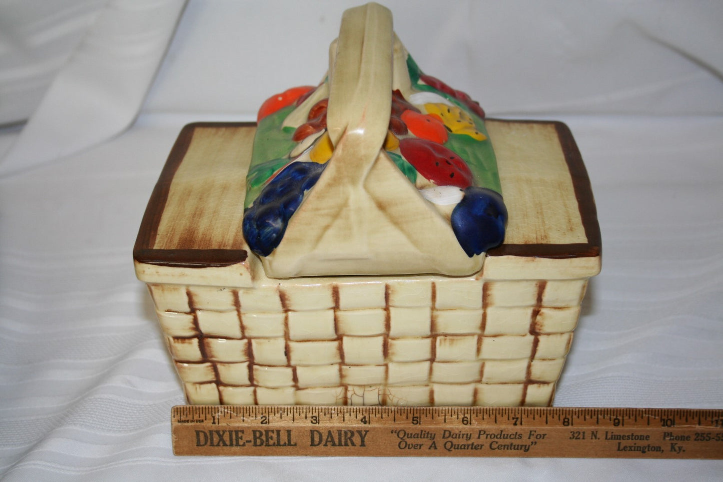 Vintage McCOY Pottery PICNIC BASKET Fruit Cookie Jar 7.5” X 8 1/4”