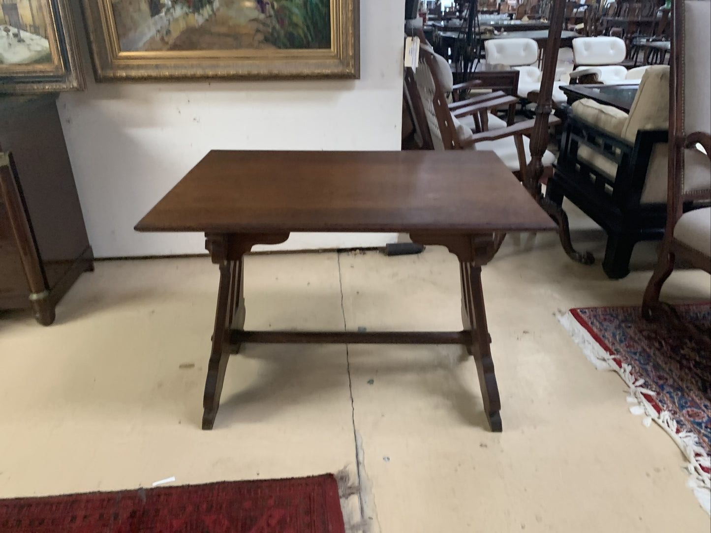Antique French Solid Oak Gothic Ogee Writing Desk Table Bureau Plat Trestle