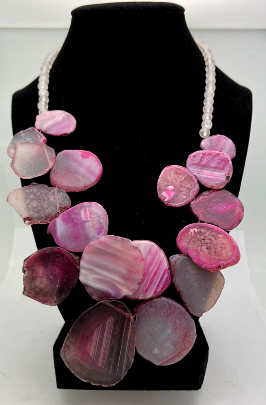 Barse Sterling Silver 925 Pink Sliced 17 Agate Slab  Necklace