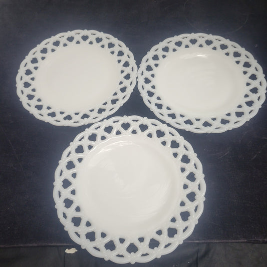 Westmoreland Milk Glass Lace  Edge 8 1/4" Set of 3 Plates Forget Me Not Flowers