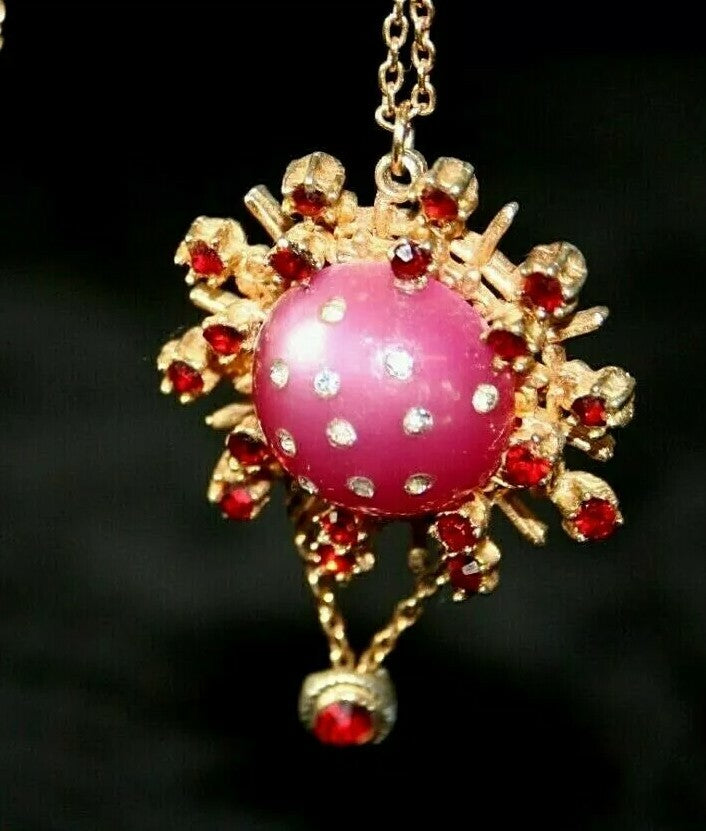 Vtg Celestial Moon and Stars Pendant Faux Amethyst Cabochon w Rhinestones Rubies