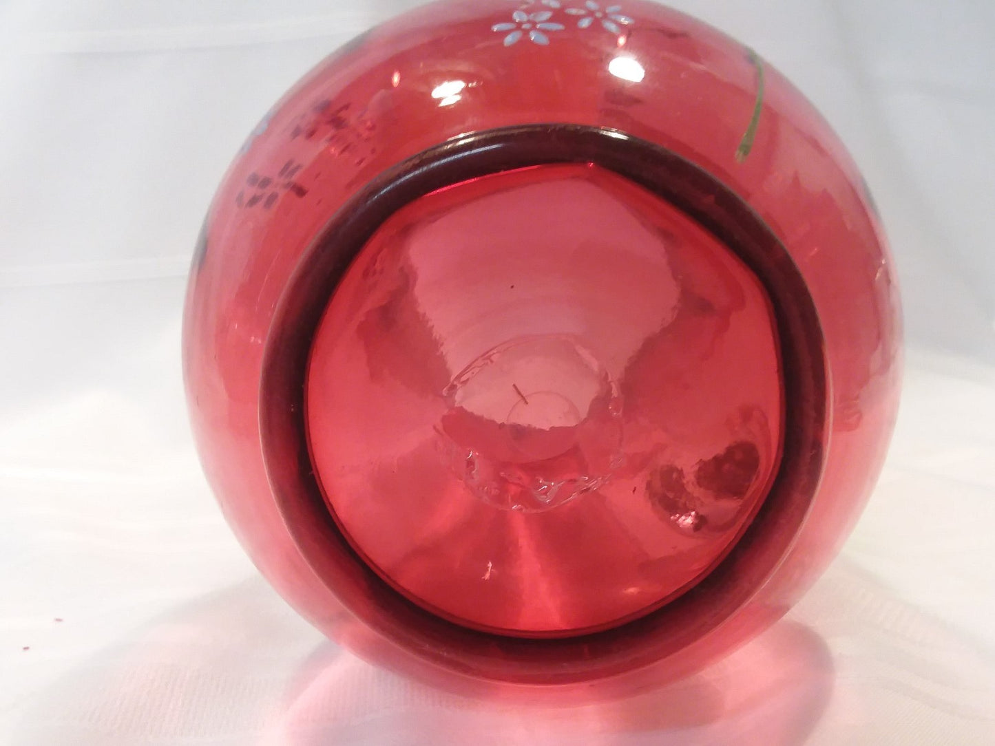 Antique Victorian  Cranberry Glass 9.5" Pitcher  Enameled w Yellow Tulip 100+yrs