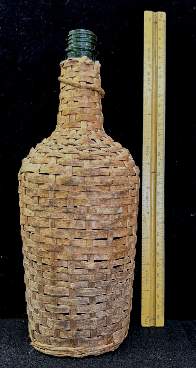FRENCH ANTIQUE DEMIJOHN WICKER BOTTLE 11", GREEN GLASS, MADE IN FRANCE