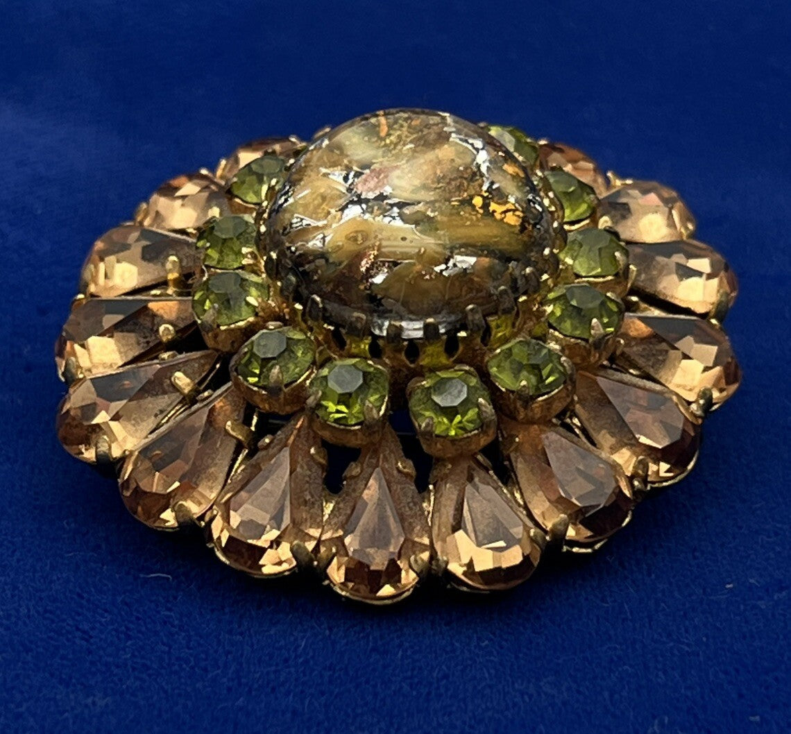 AUSTRIA Amazing  Rhinestone Vintage Dome Pin Topaz and Lime Green