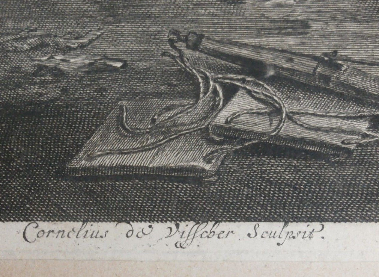 17th C. Nicolas Visscher Engraving / Etching - Villagers by the Grand Fireplace