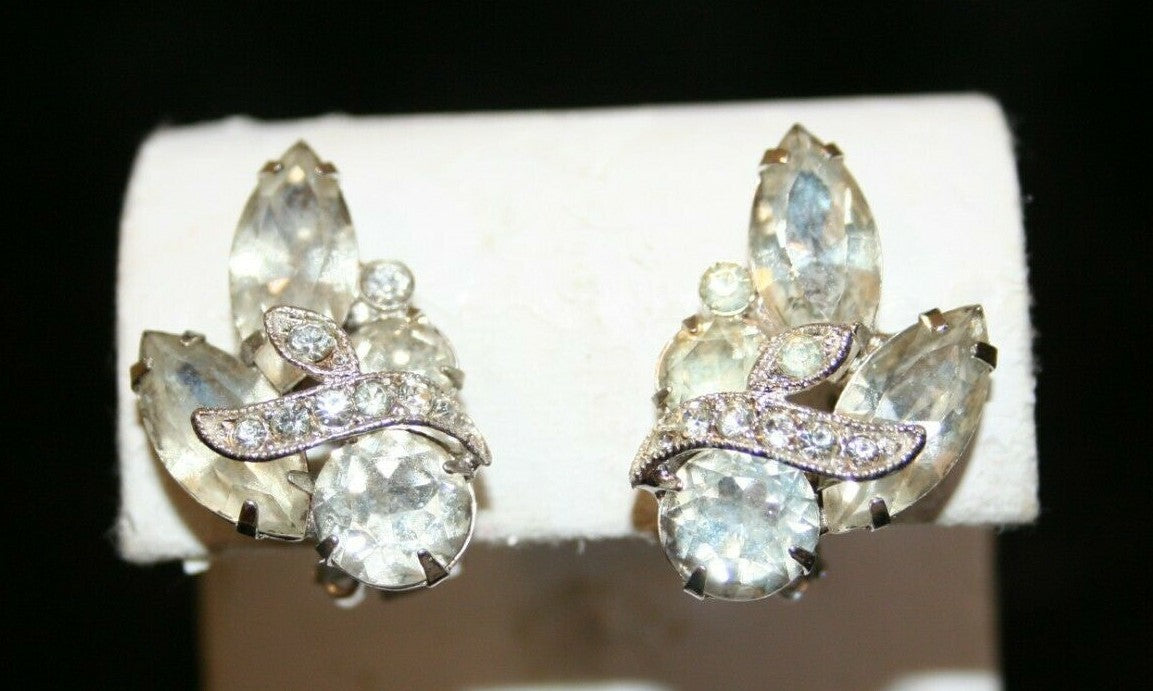 Vintage Eisenberg Ice Signed Silver Tone Clear Rhinestone Clip On Earrings