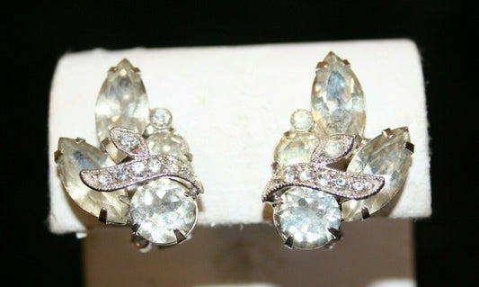 Vintage Eisenberg Ice Signed Silver Tone Clear Rhinestone Clip On Earrings